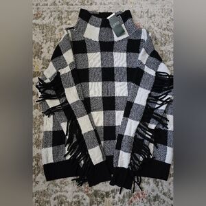Ralph Lauren Women Buffalo Check Fringe Pullover Sweater-Black & White Sz L-NWT